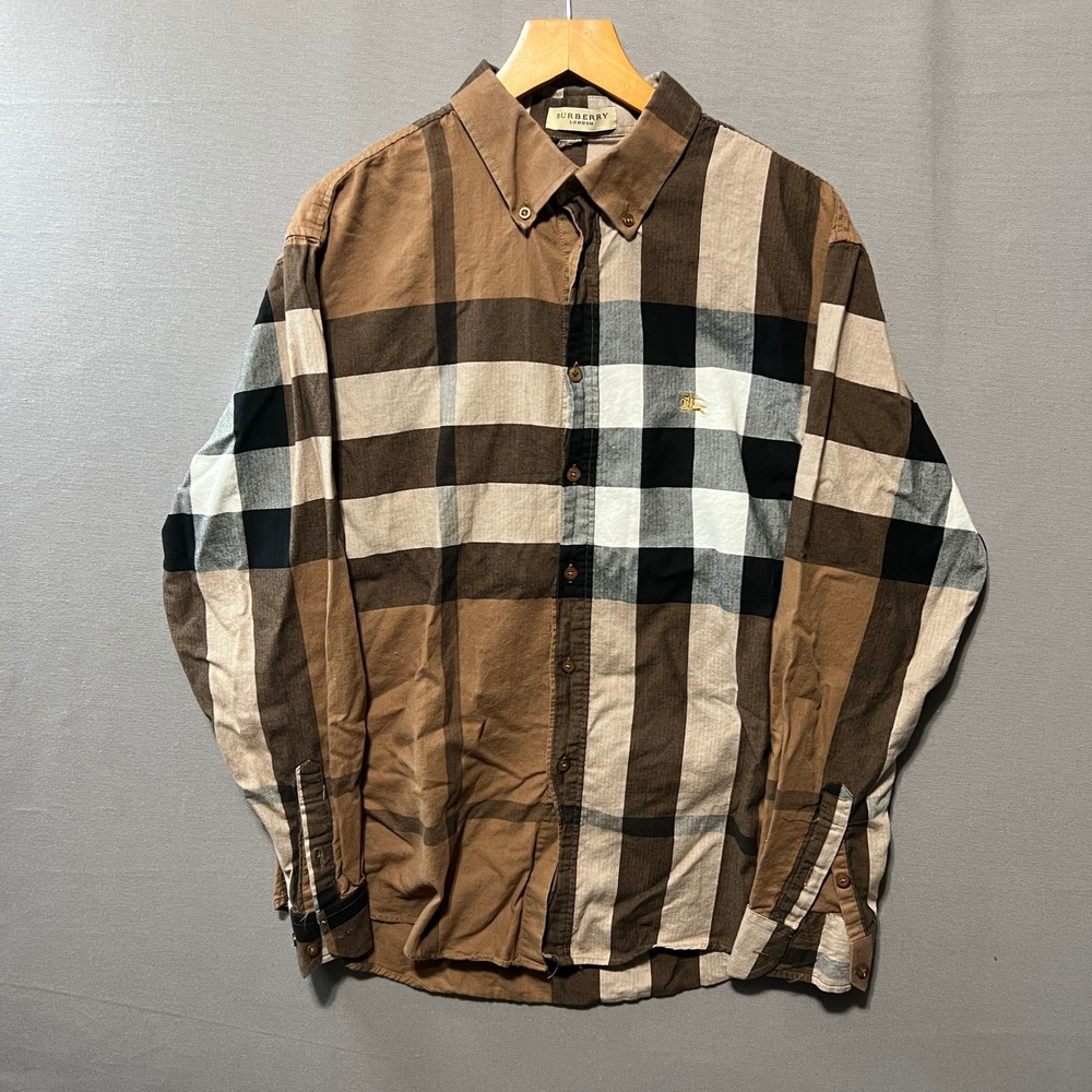 Burberry London Mens Brown Oversized Check Cotton Button Down Shirt SKU 34
